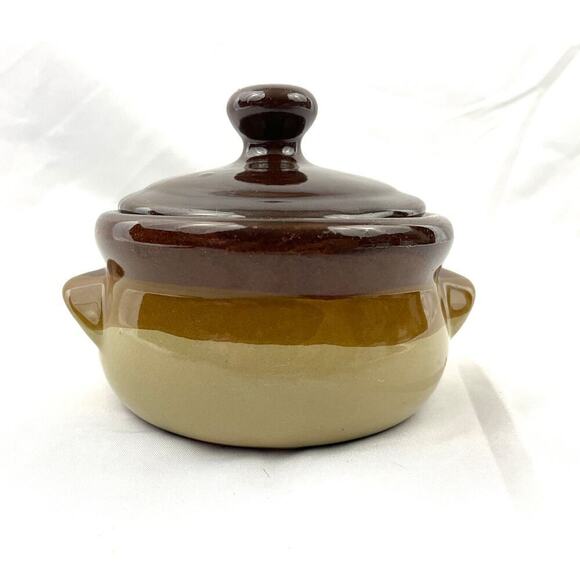 VTG Stoneware Pottery Bean Pot Double Handled Brown 3 Tones Small - Picture 1 of 12